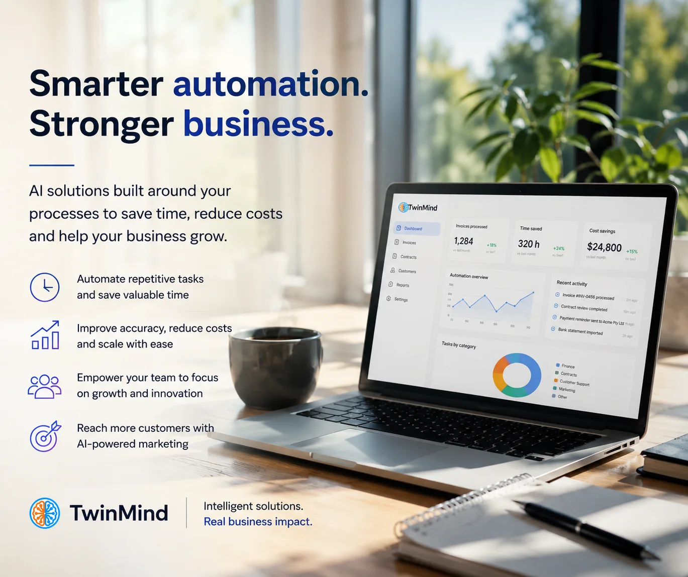 Smarter automation, stronger business — the TwinMind dashboard on a laptop
