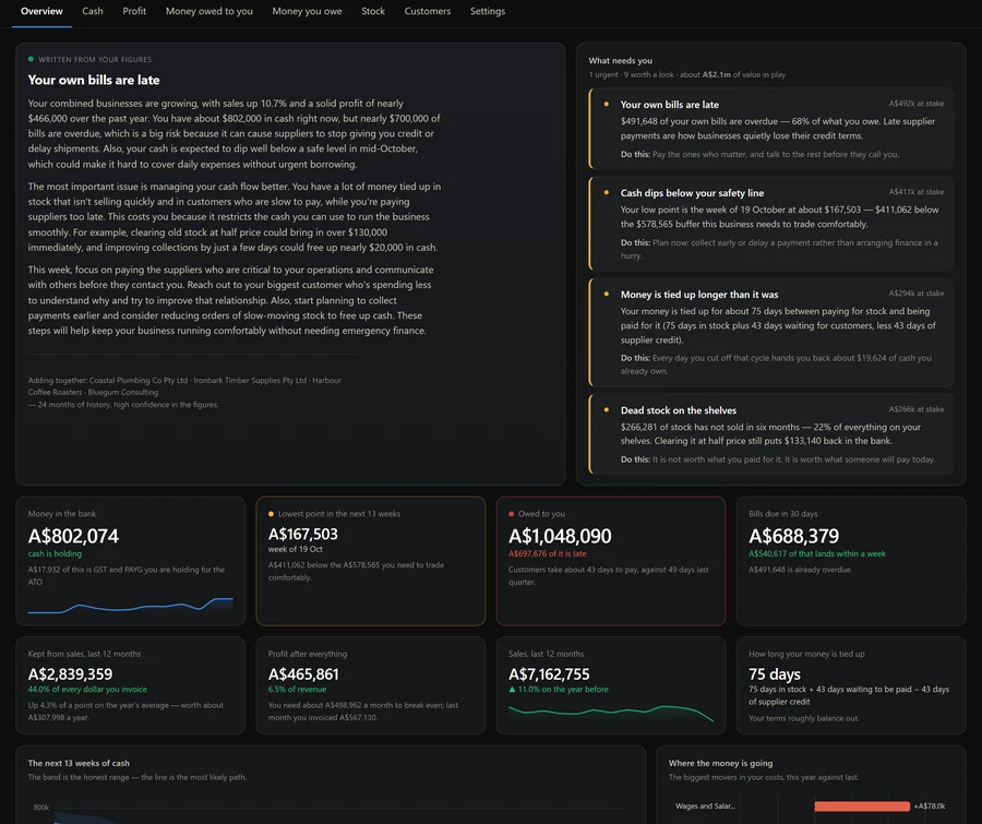The demo dashboard over Xero and MYOB: a written verdict, findings ranked by the money at stake, and the headline tiles for cash, the thirteen-week low point and what is owed