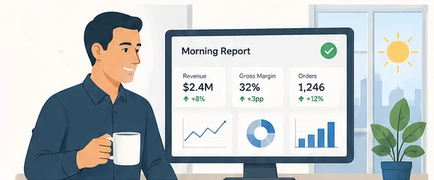 A manager with a coffee reading the morning report on screen: revenue, gross margin and orders already up to date.