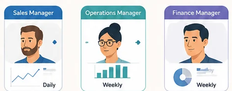 Three managers, three different reports - one daily, two weekly - instead of a single shared summary.