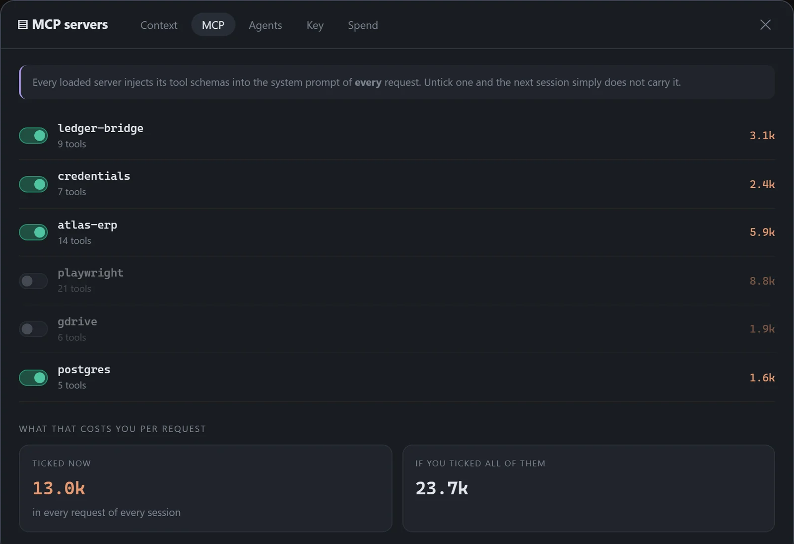 The MCP server list: a checkbox, the tool count and the weight of each server&rsquo;s schemas in tokens.