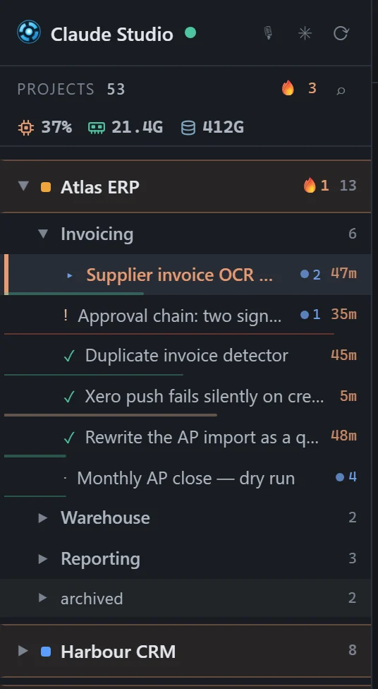 The rail of projects and tasks with status beacons and the warm-cache remainder.