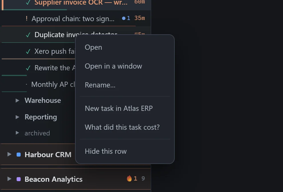 The task row menu: open, open in a window, rename, and what this one cost.