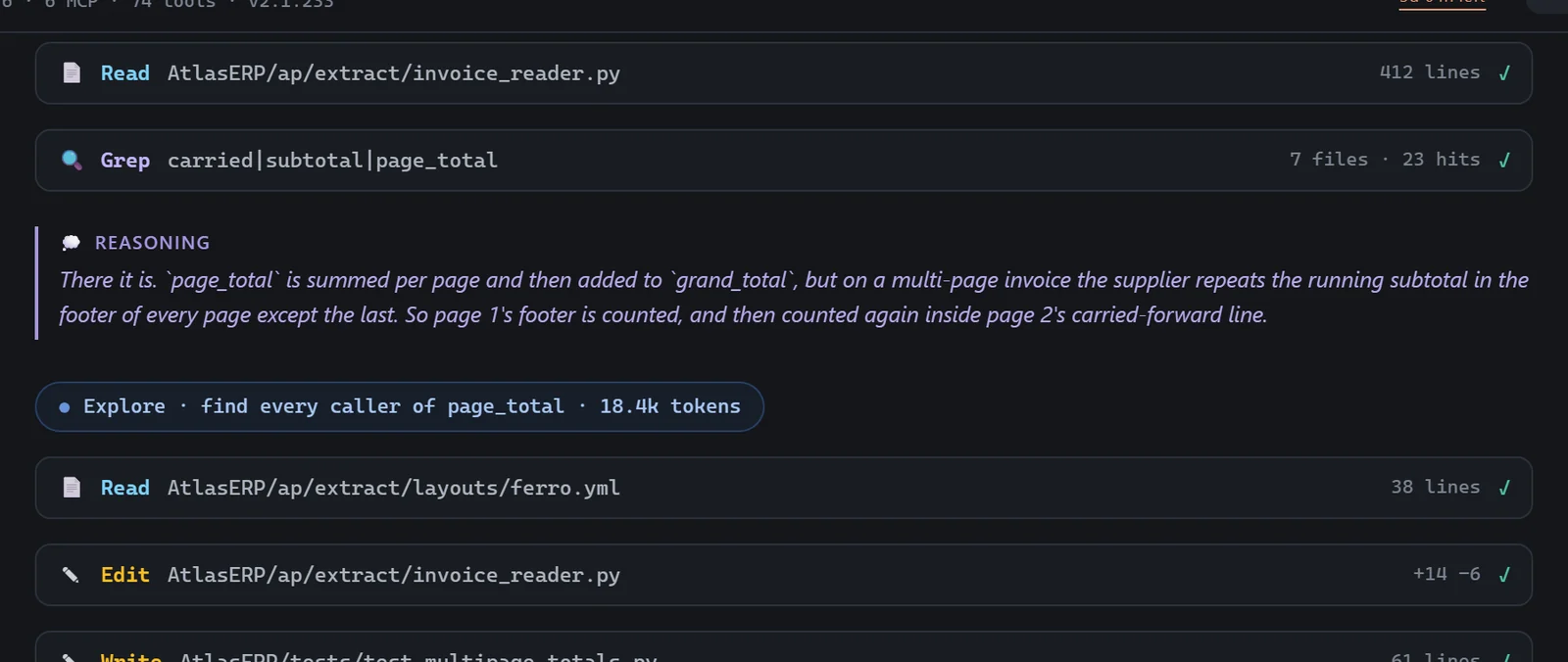 A turn in flight: the reasoning, then Read, Grep, Edit and Bash calls, then the answer.