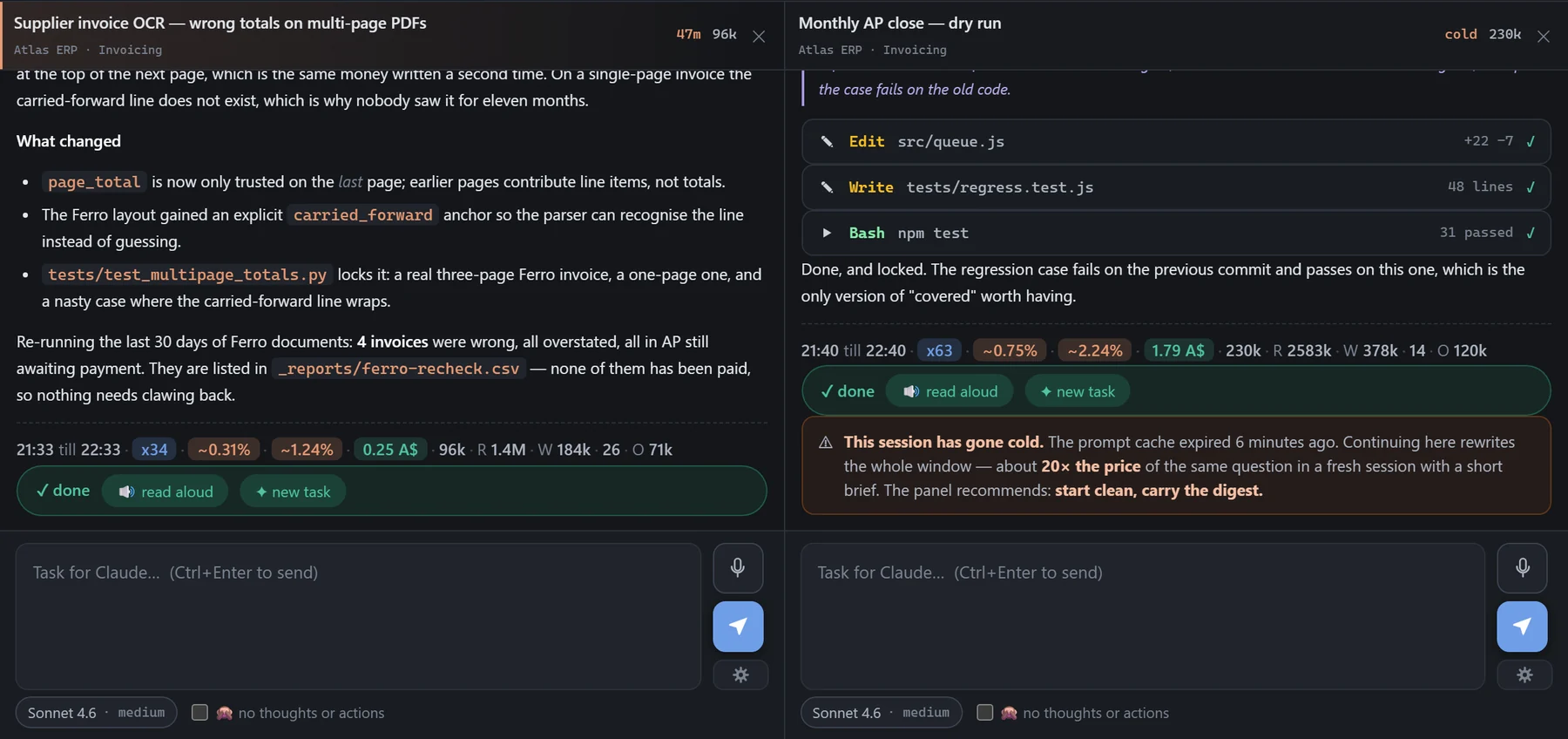 Two tasks running in two columns at the same time.